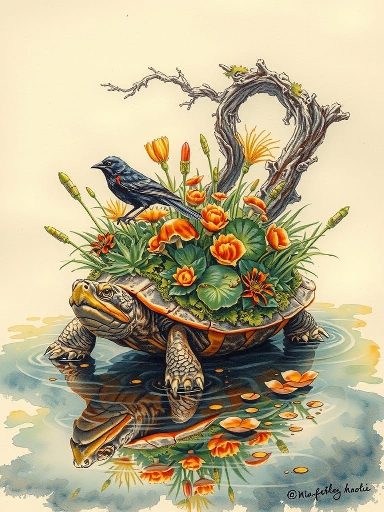 A beautifully detailed ink wash illustration of a snapping turtle, its shell a lush, thriving wetland ecosystem, emerges...