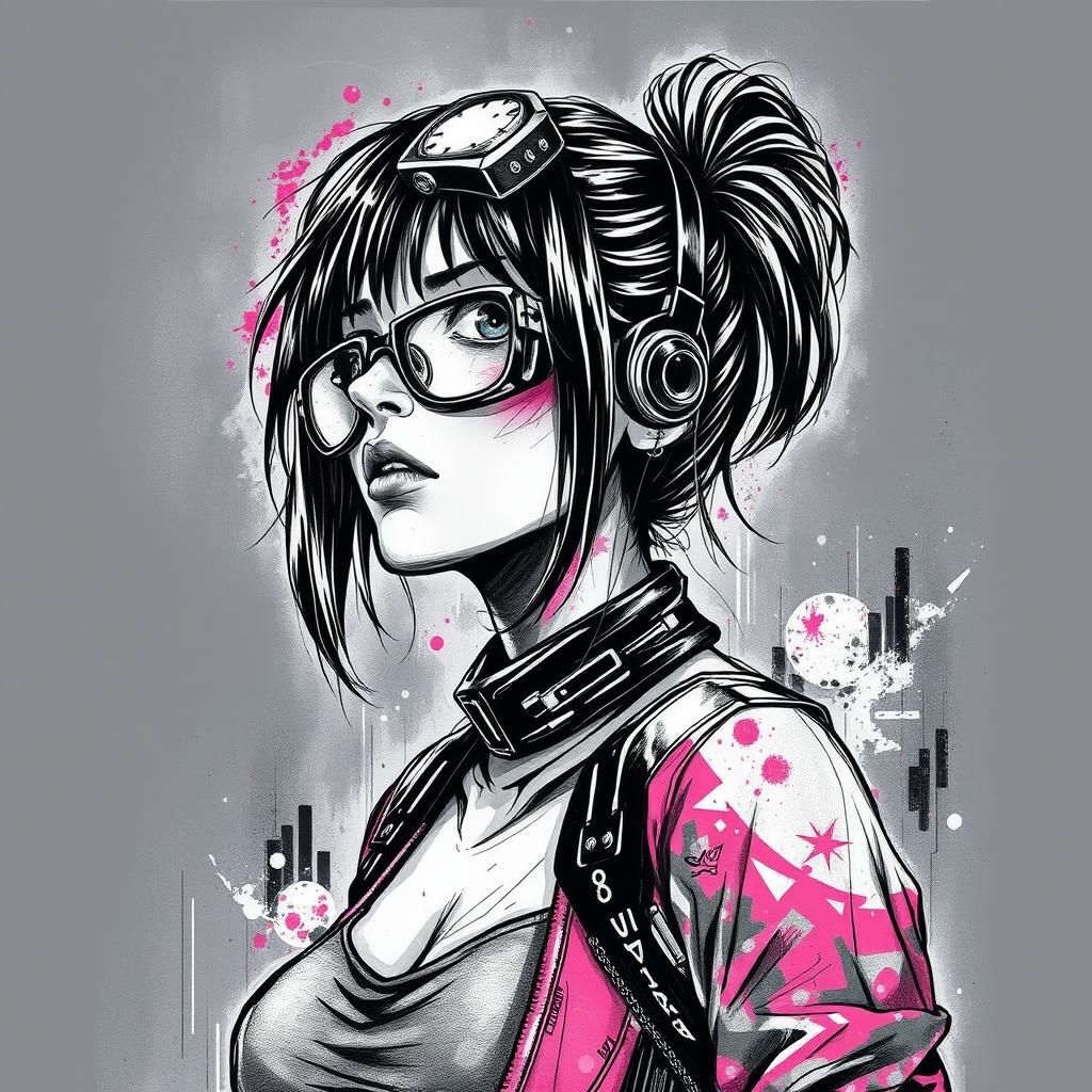 Cyberpunk Girl in Ink and Charcoal Style