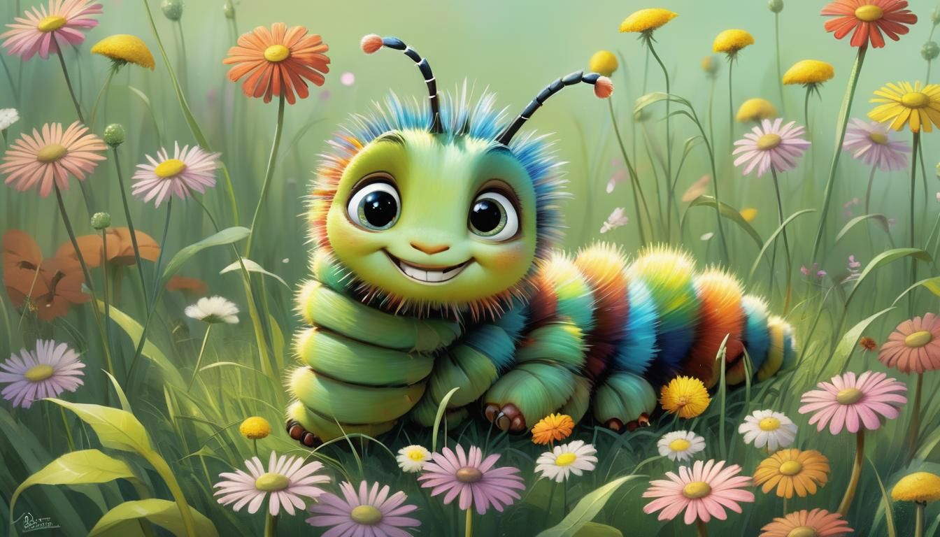 Adorable Pixar Chibi Caterpillar in a Garden