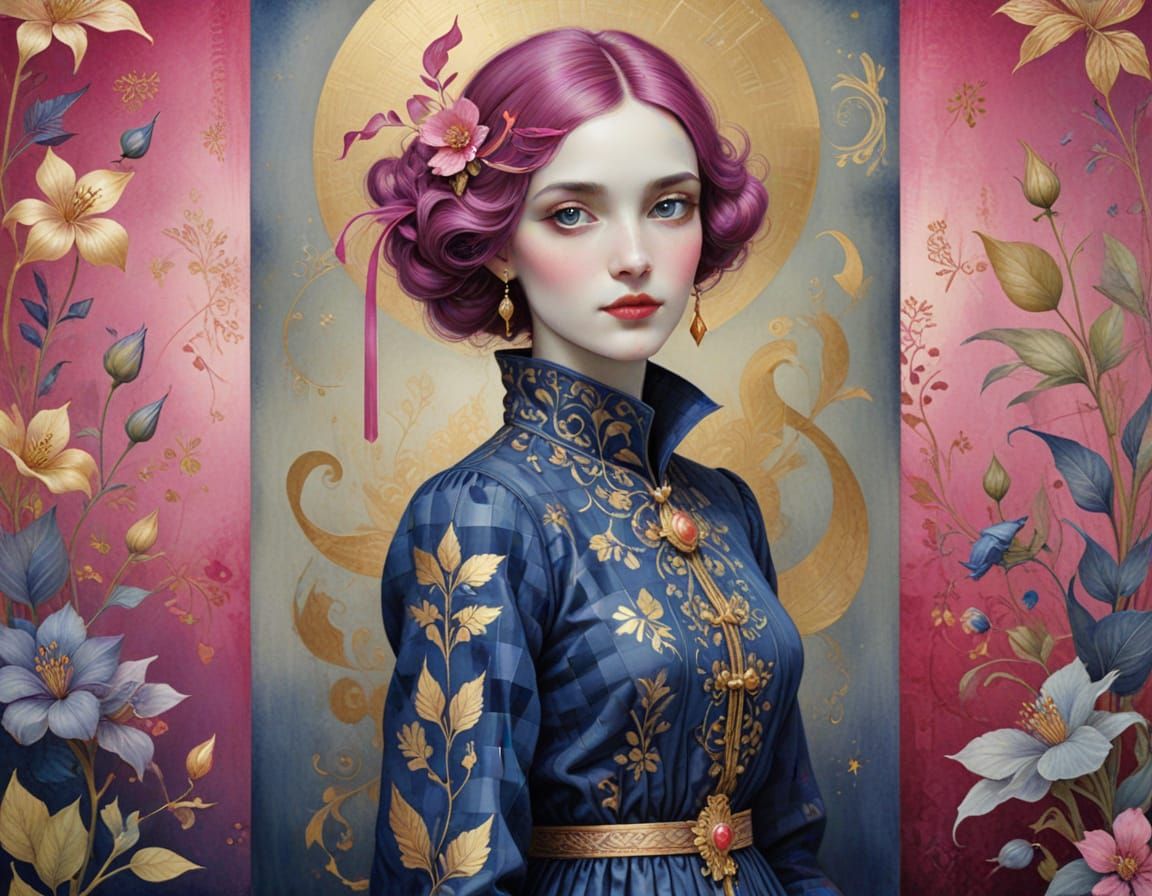 Whimsical Art Deco Portrait in Holographic Watercolor