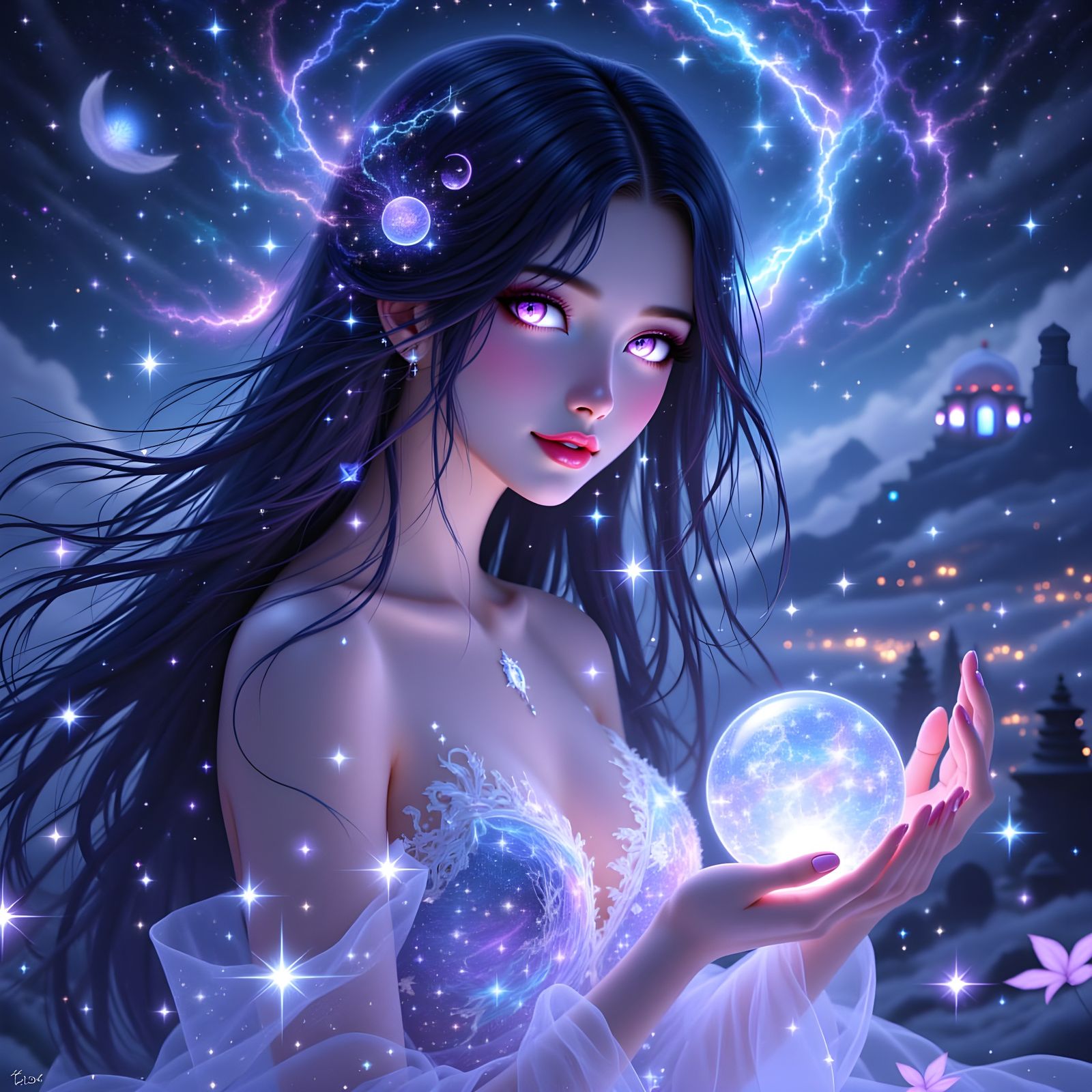 Celestial Oracle with Galaxy Hair in Anime Style