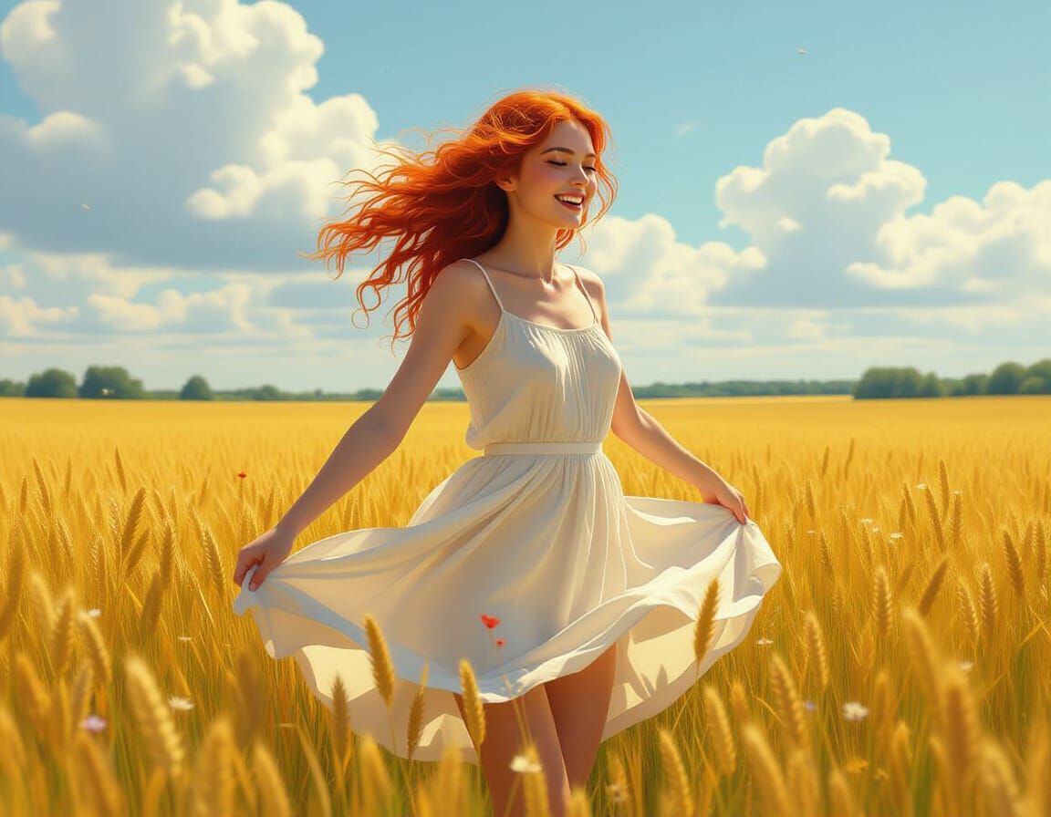 Joyful Redhead Dances in Sun-Drenched Wheat Field