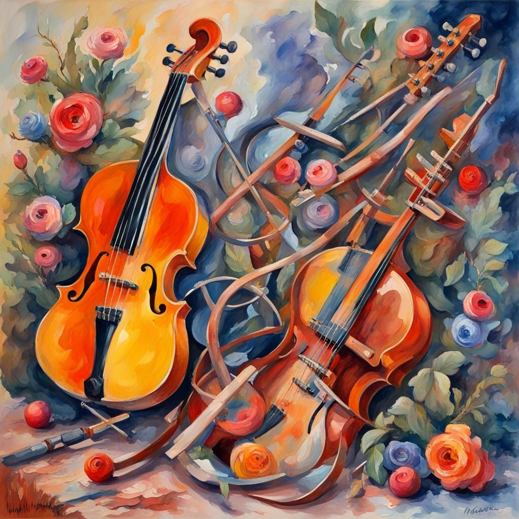 Musical Instruments Entangled as Gouache Watercolor Painting