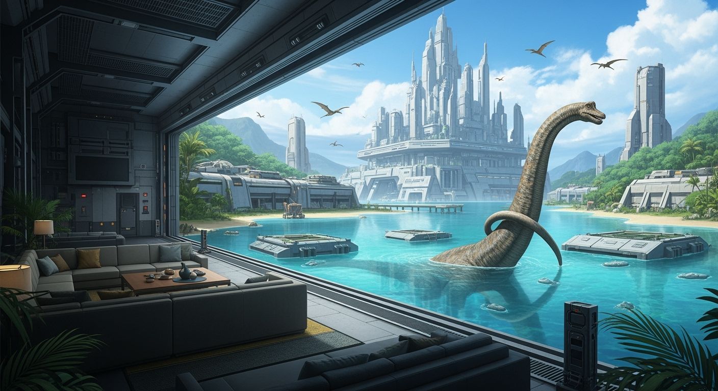 Futuristic City View from Luxurious Bunker with Dinosaur