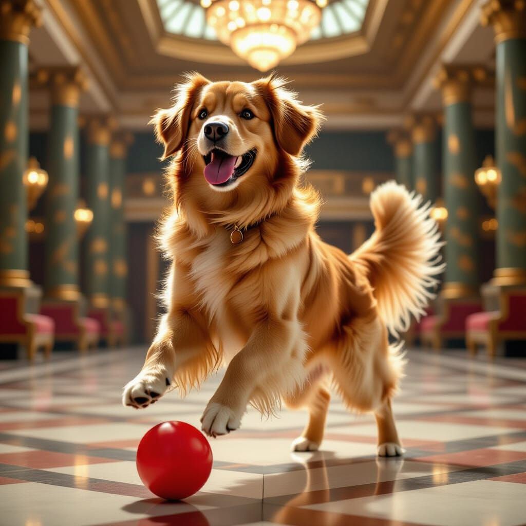 Joyful Golden Retriever Dances with Ball in Art Deco Ballroo...