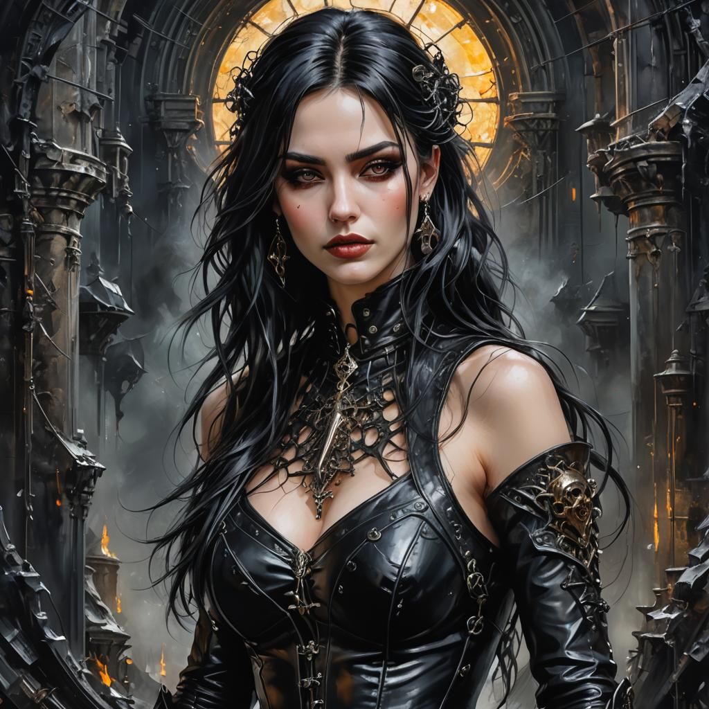 Gothic Woman Portrait in Post-Apocalyptic Acrylic Painting