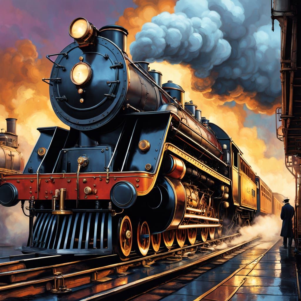 Steampunk Train Station with Colossal Steam Locomotive