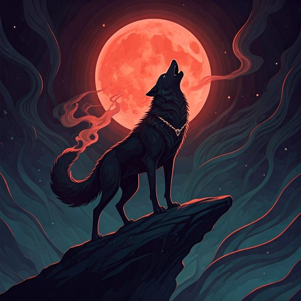 Black Wolf Howling at Red Moon in Digital Painting