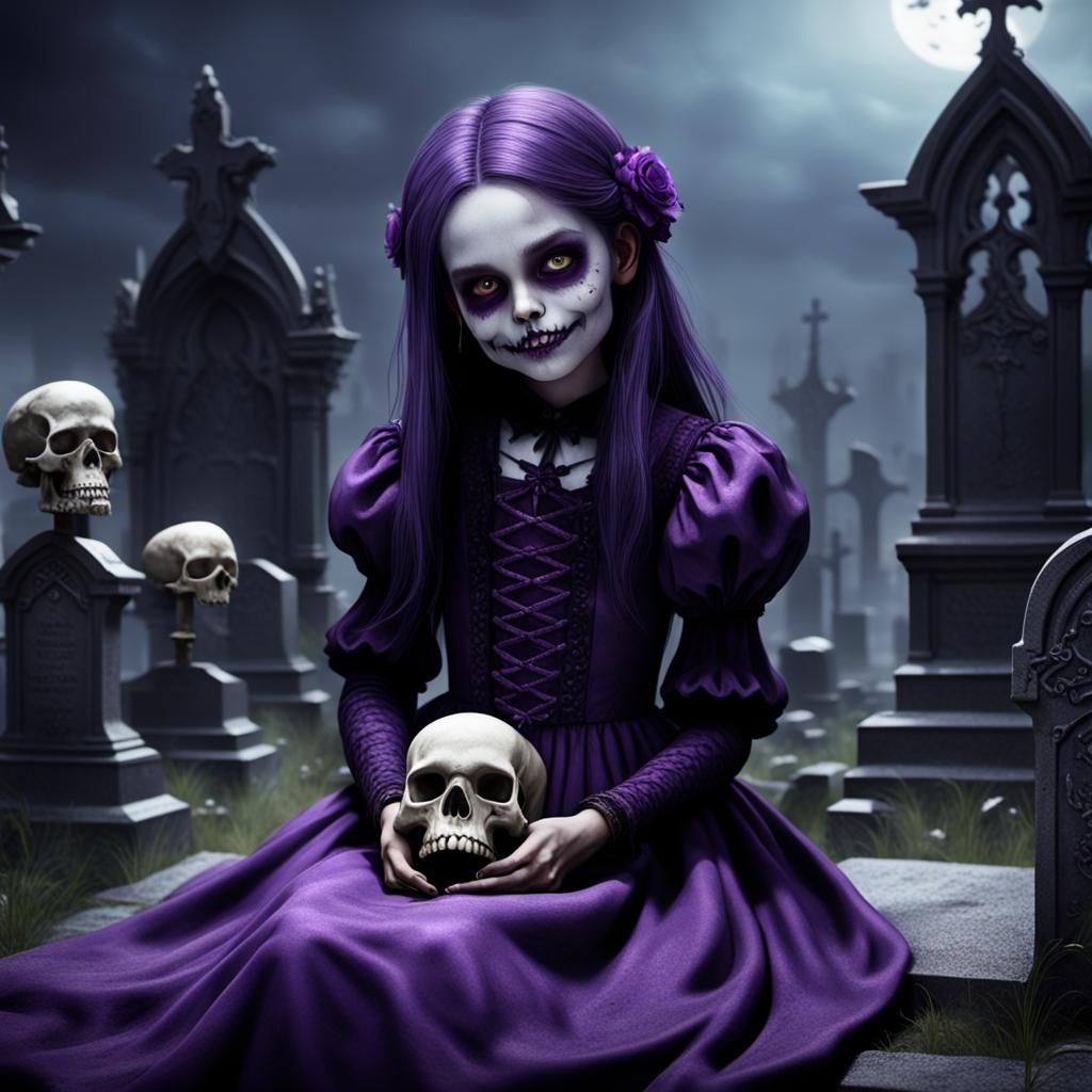 Sinister Gothic Girl Playing with Skull on Grave
