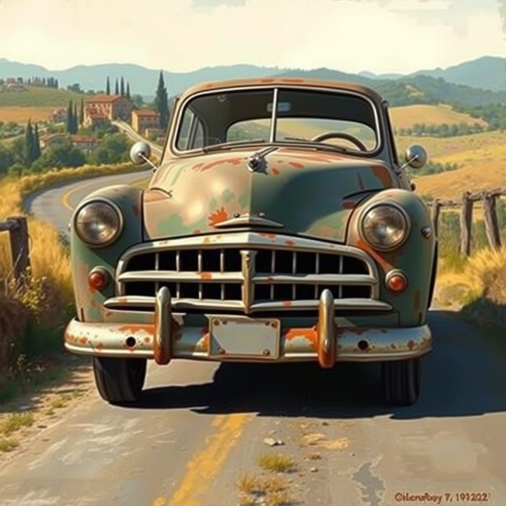 Vintage Car Winks in Tuscan Countryside