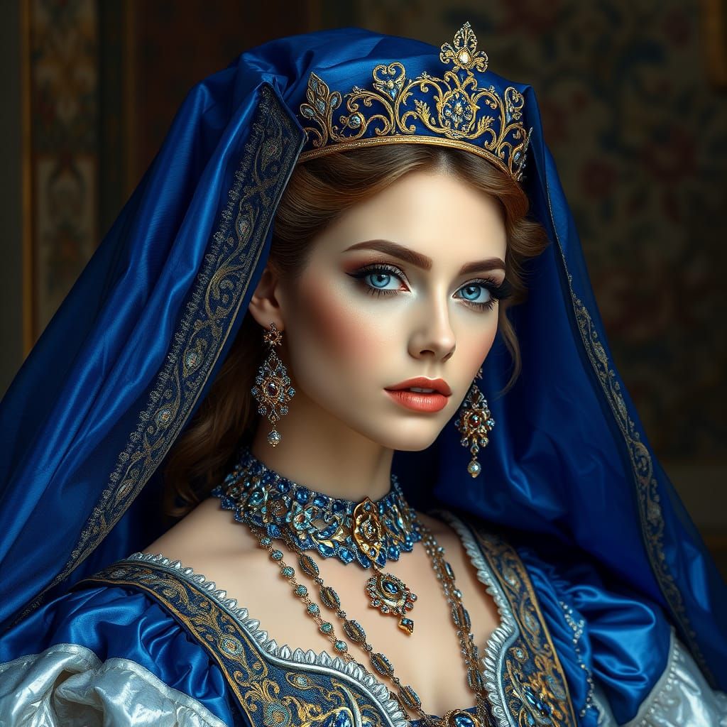 Noblewoman in Shimmering Blue Gown