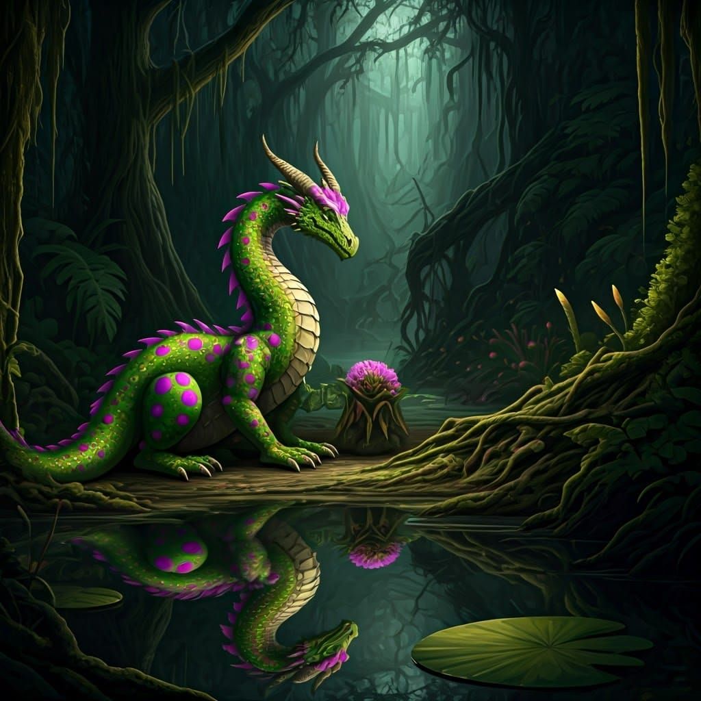 Polka Dot Dragon in Mystical Swamp Concept Art