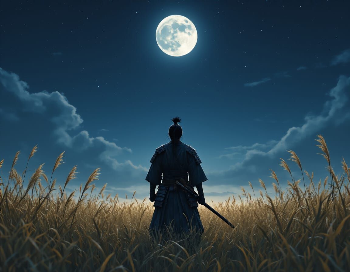 Samurai Defeated Gazing at Moonlit Sky