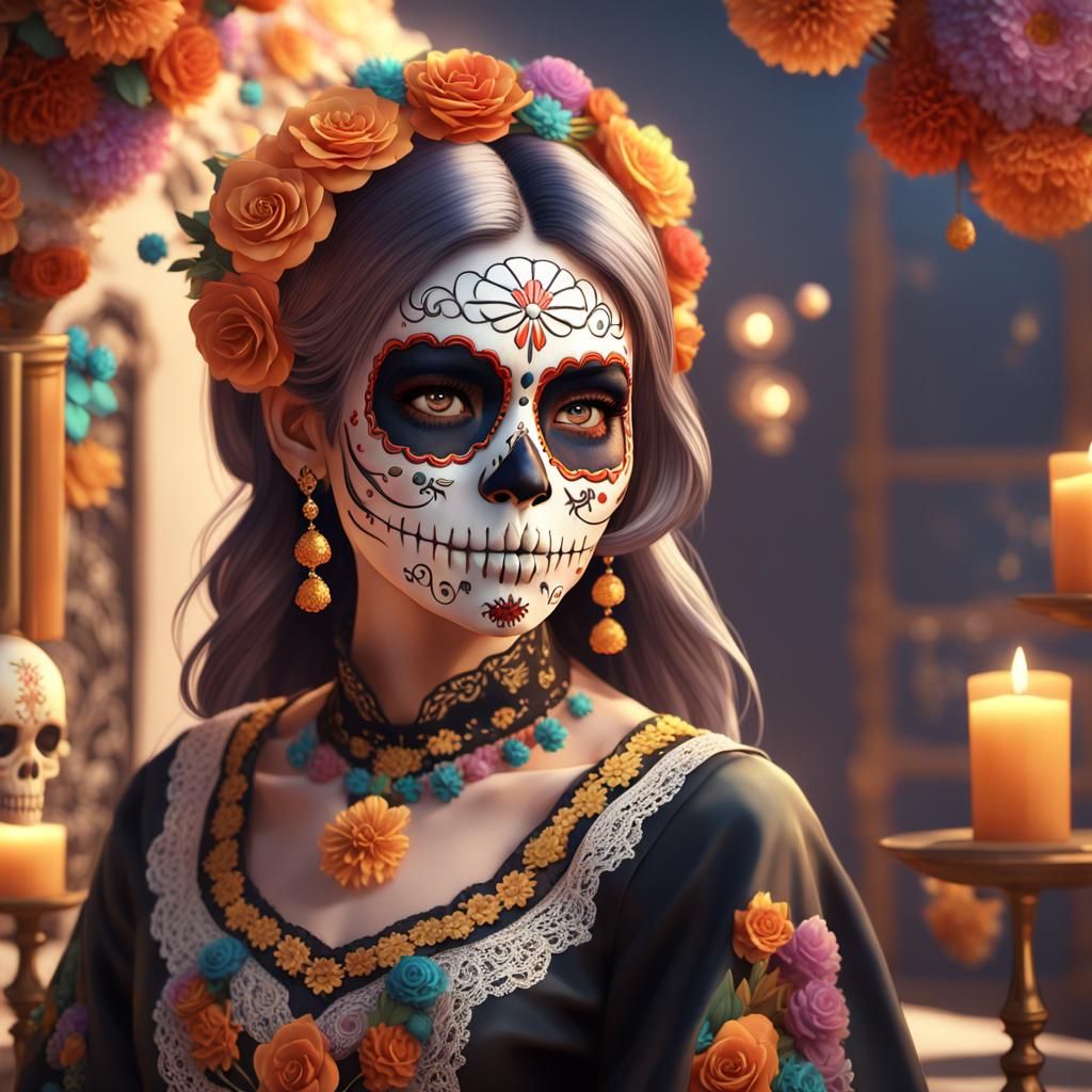 Colorful Día de los Muertos Woman in Anime Style