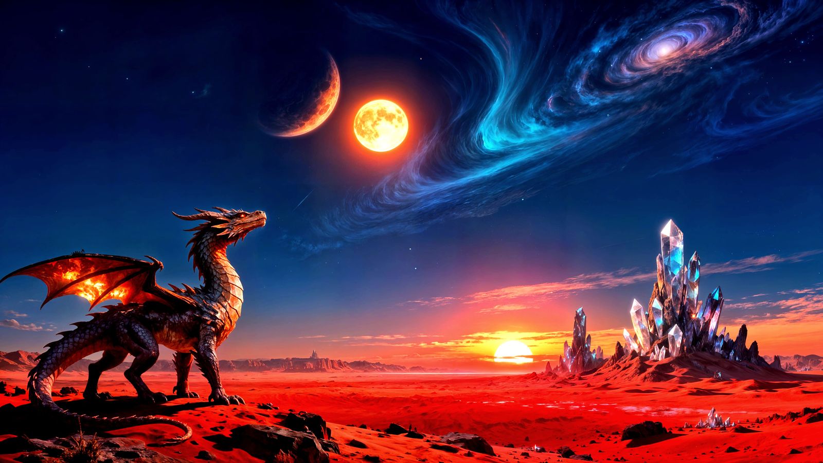Lone Dragon on Crimson Planet Under Binary Sunset