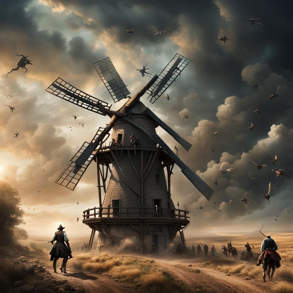 Don Quixote fighting a windmill with Sancho Panzo Epic cinematic brilliant stunning intricate meticulously detailed dram...