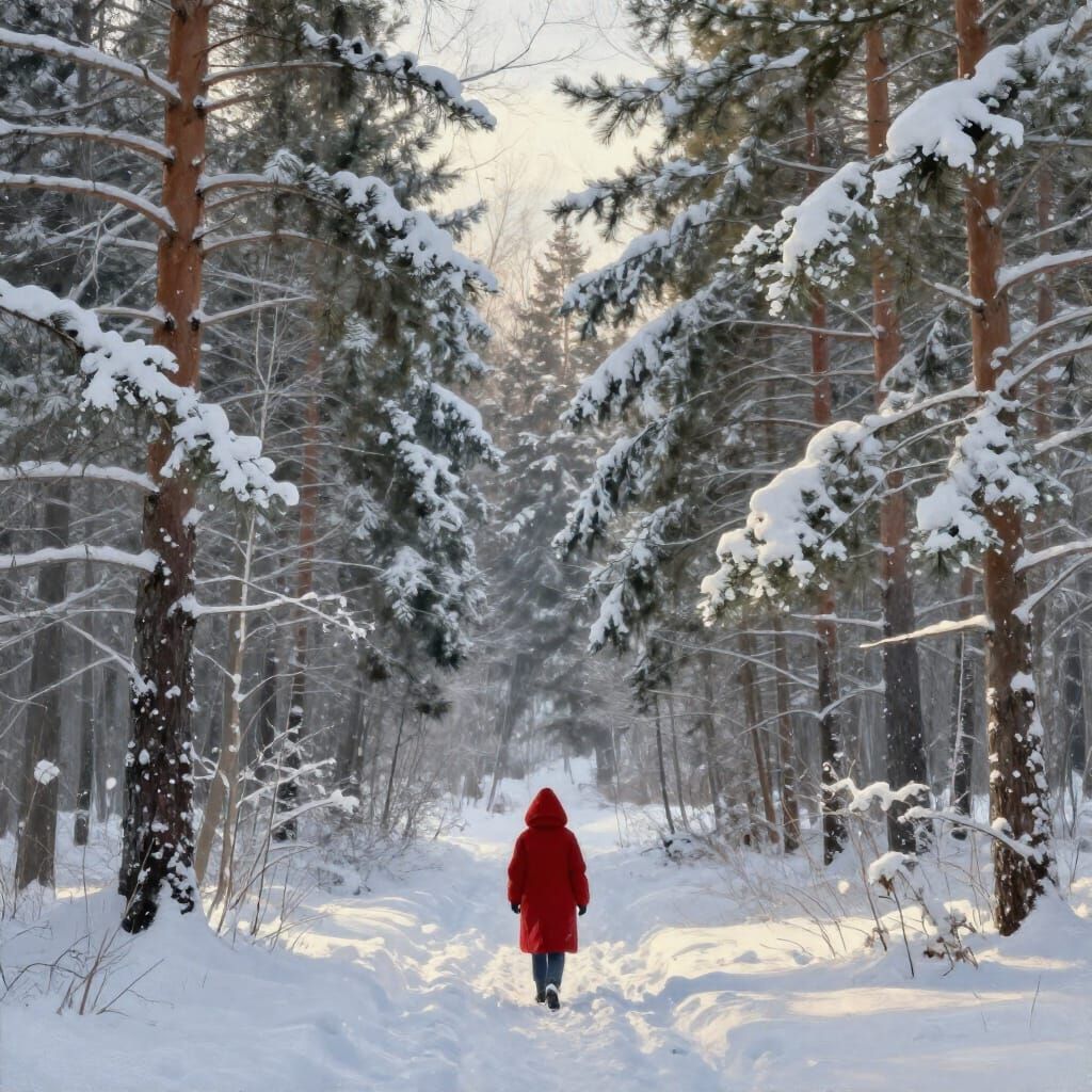 Serene Winter Forest Path in Realistic Painterly Style