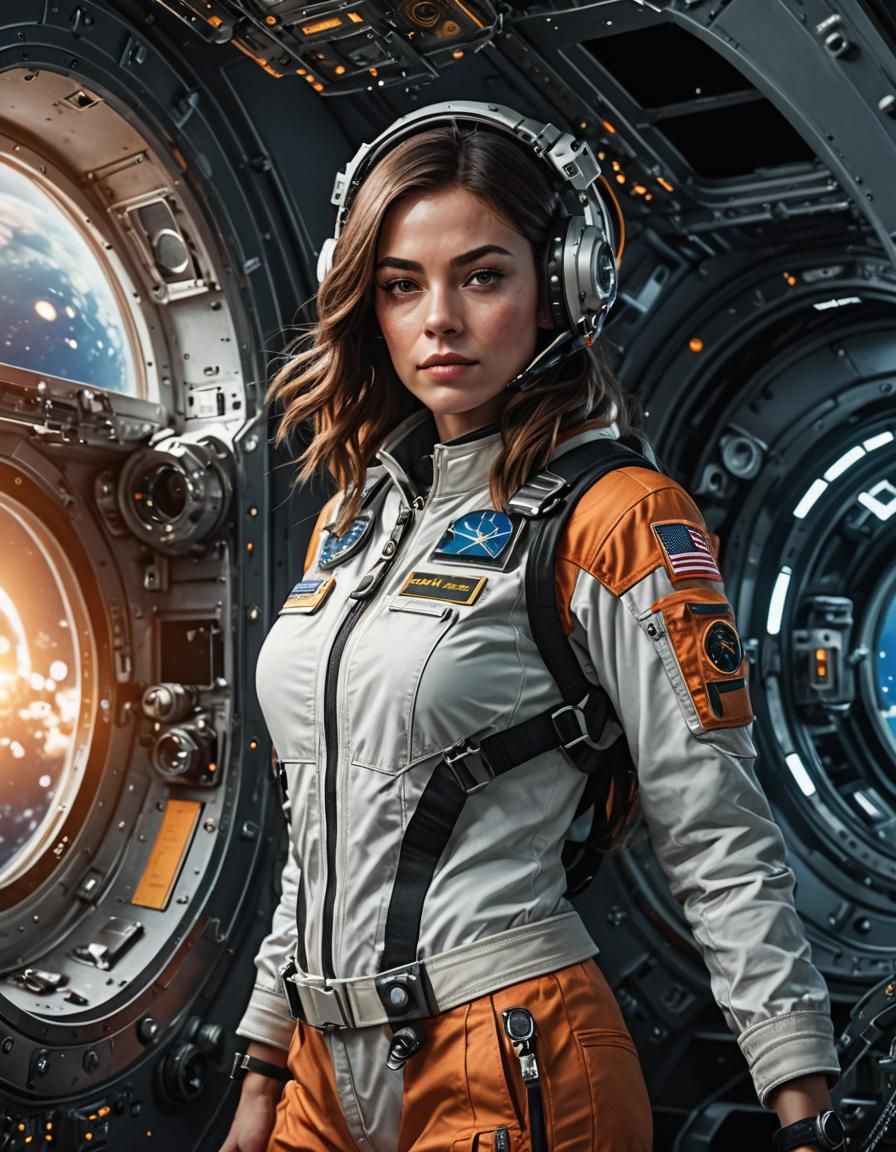 Girl Space Pilot Gazing from Space Station Window