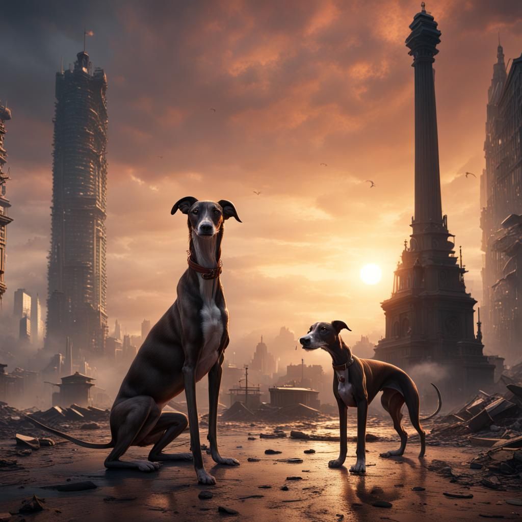 Greyhounds Play in Post-War City: Detailed Matte Painting