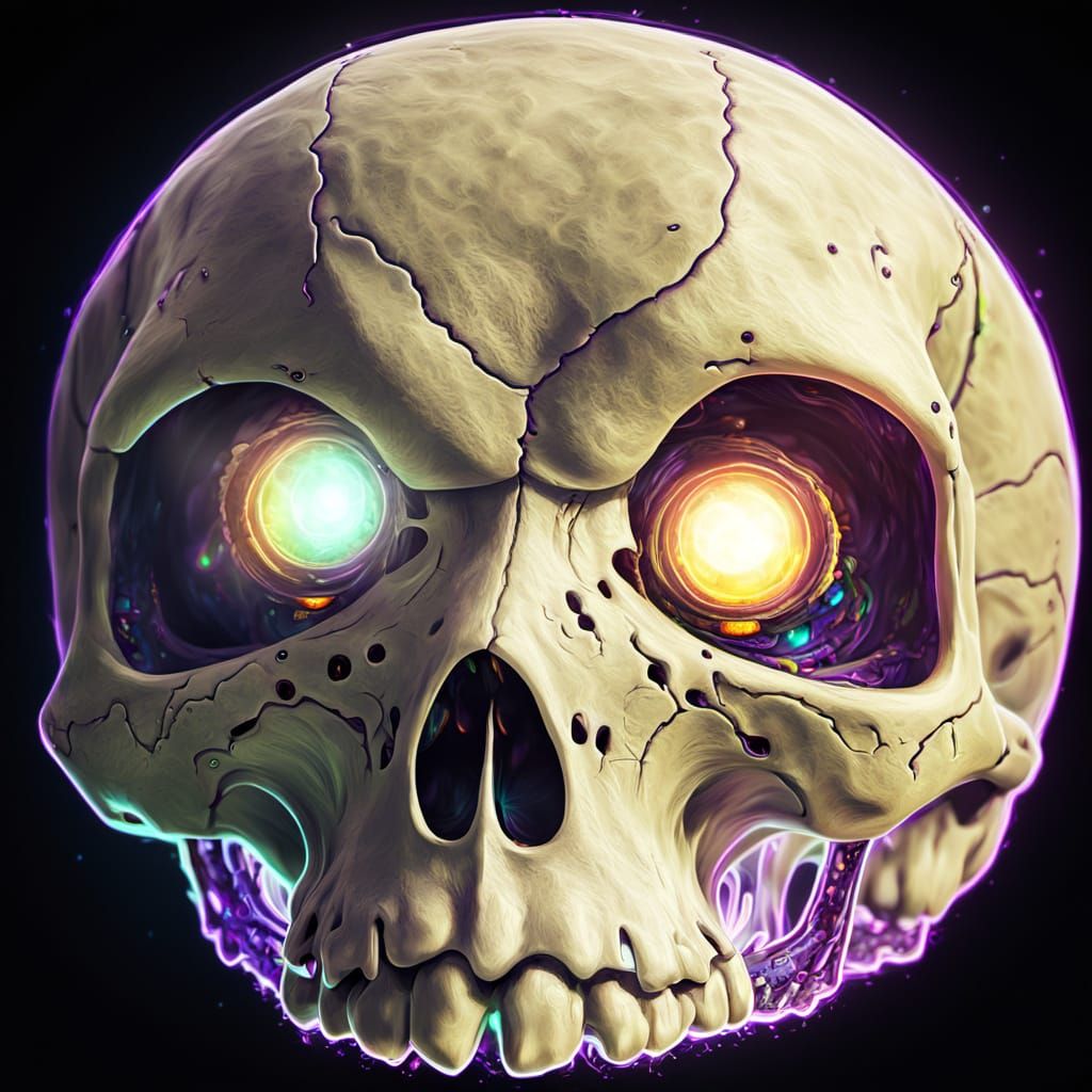Cartoon Skull with Glowing Eyes in Neon Lighting