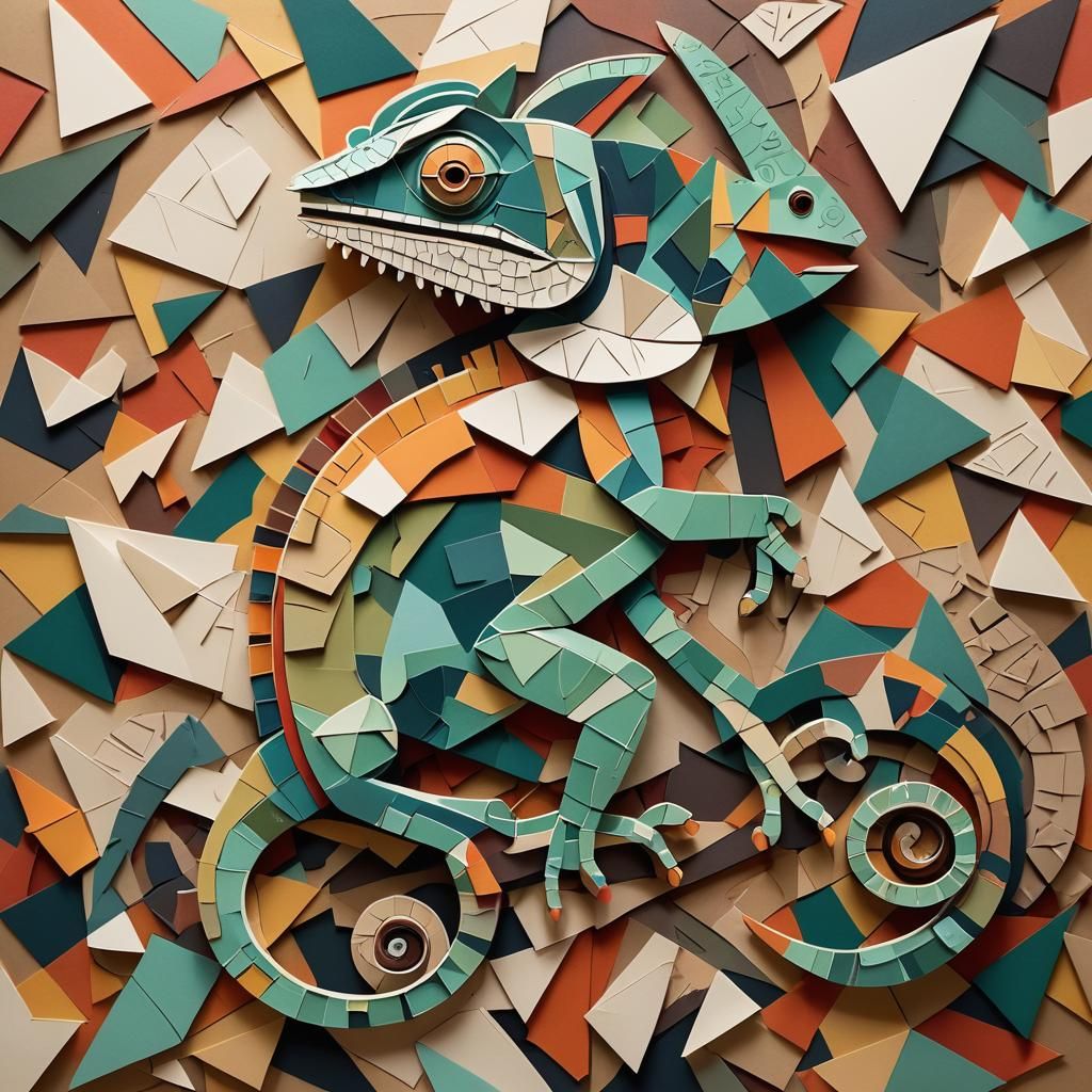 Abstract Cubist Chameleon Paper Collage
