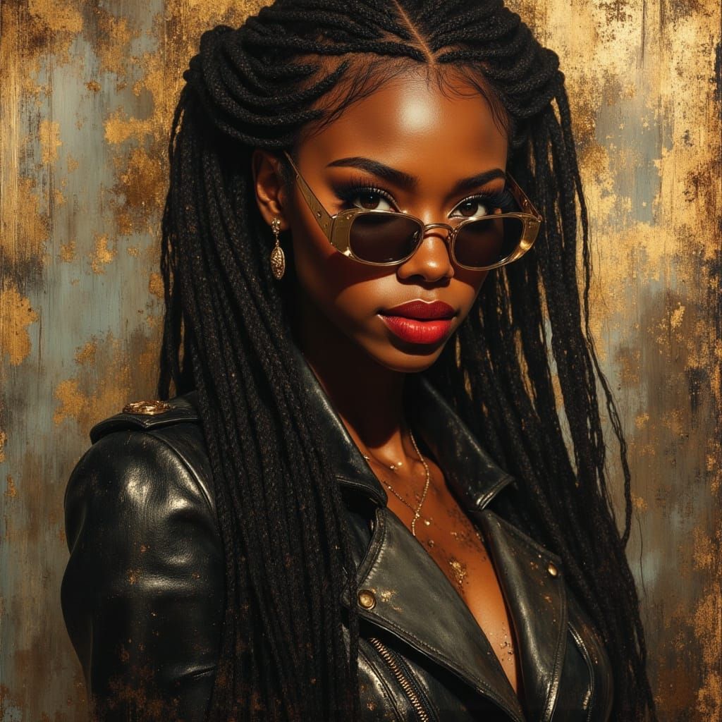 Elegant African Goddess in Leather Motorcycle Suit