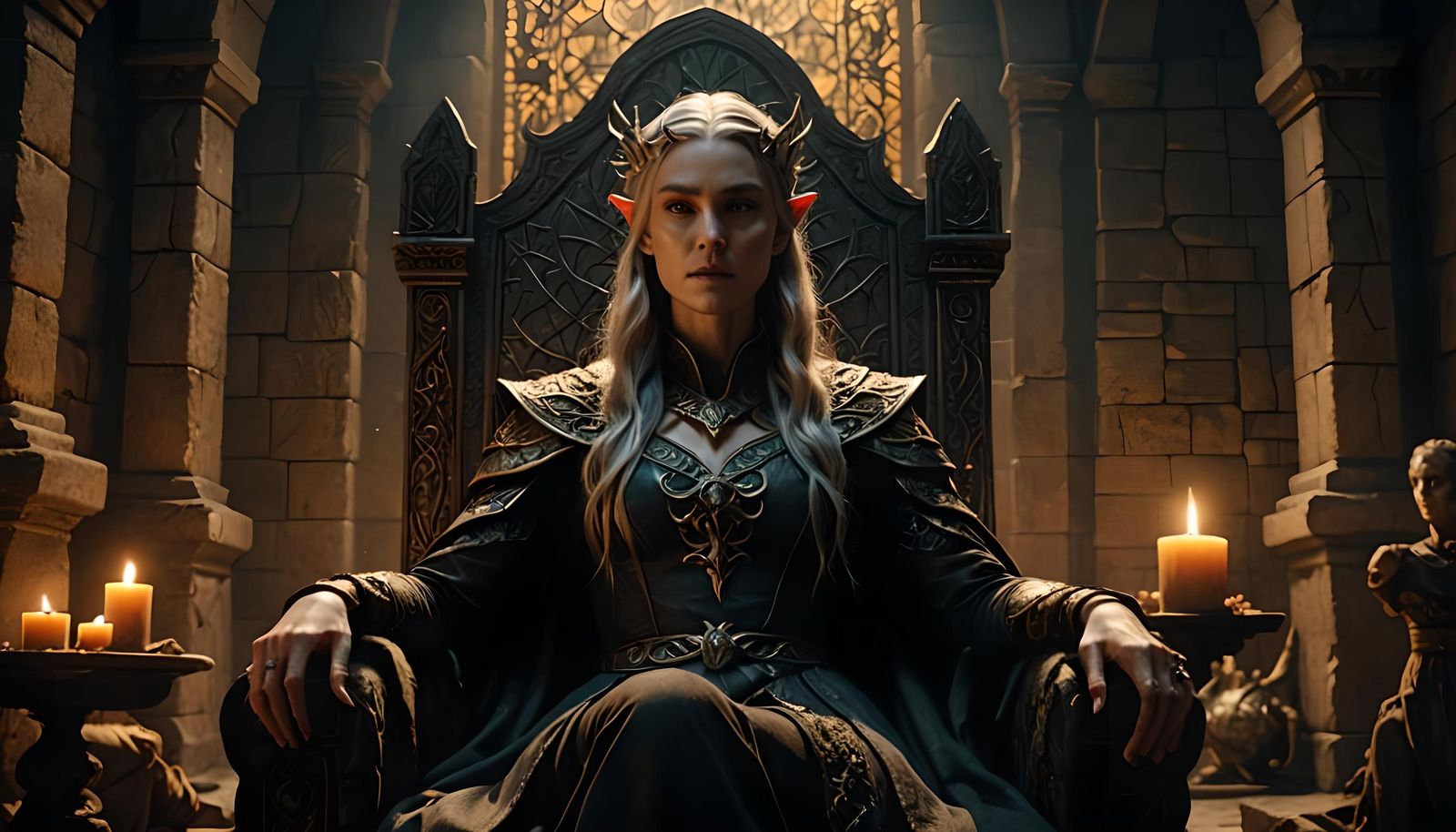 Elven Witch Queen's Disgust: Hyperrealistic Throne Scene