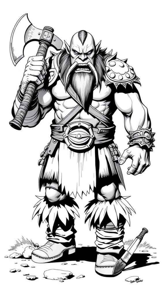 A Male Orc Warrior in Sturdy Boots, Axe at the Ready