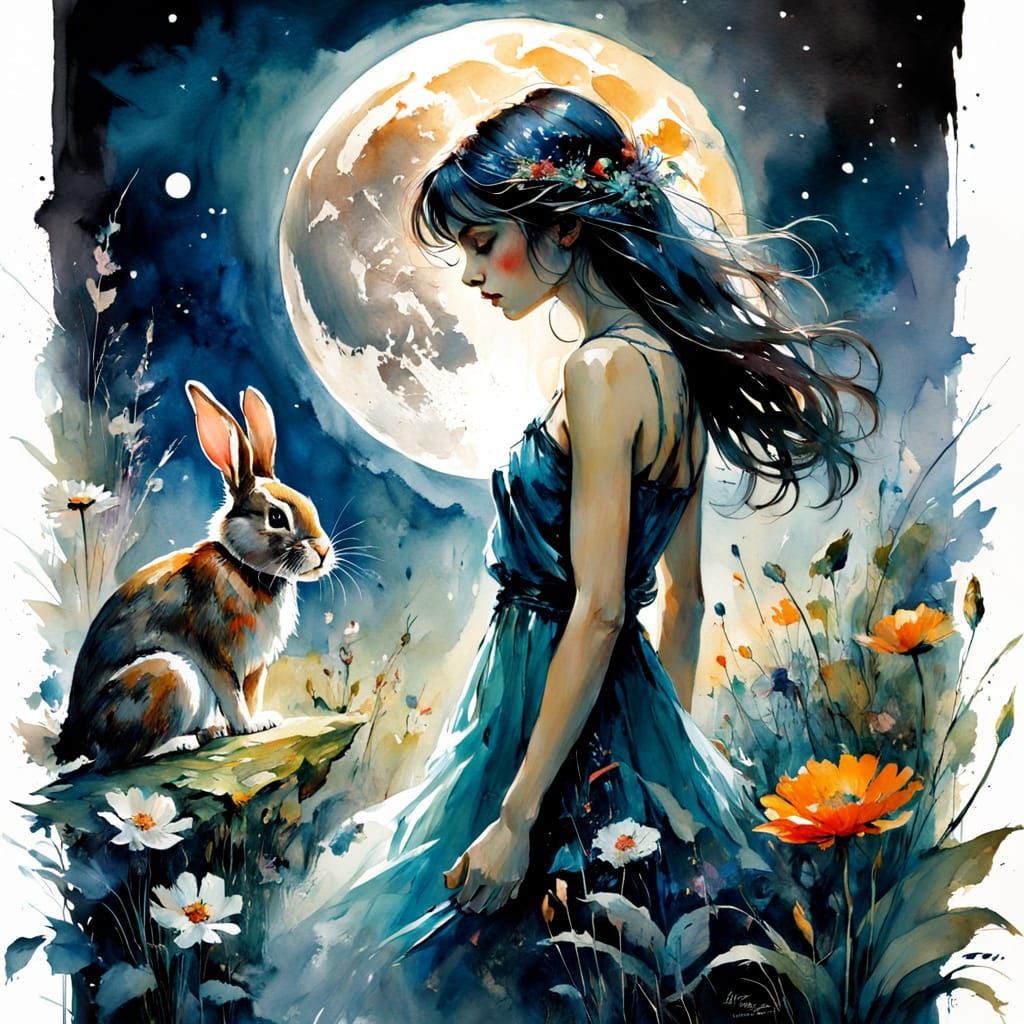 Moonlit Garden with Bunnies in Watercolor Style