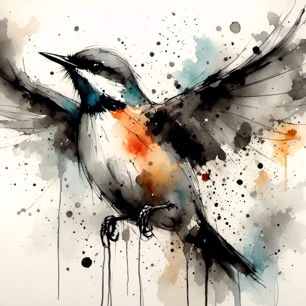 Warbler in Flight: Charcoal and Ink with Color Accents
