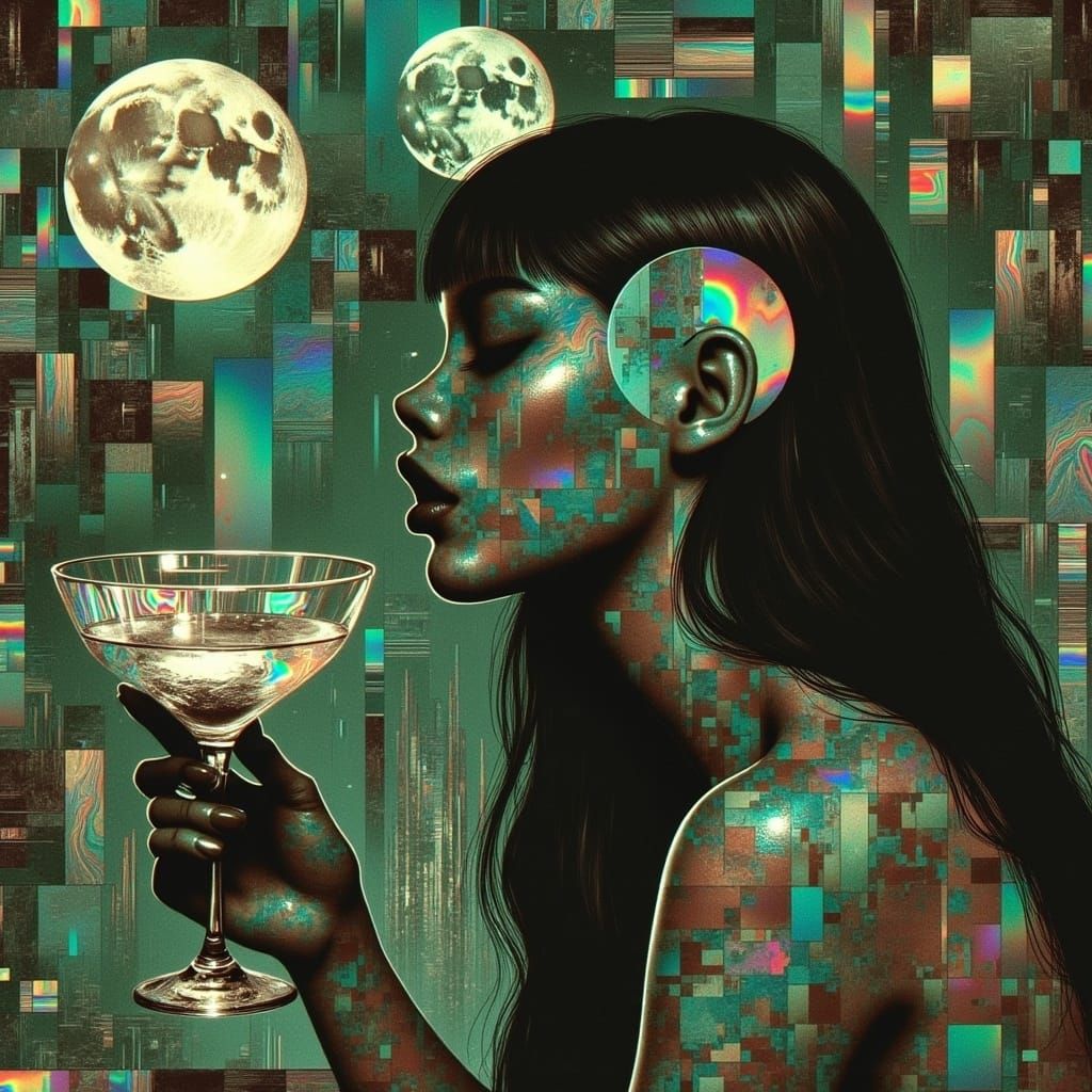 Cyberpunk Goddess in Glitch Art Style Sipping Glowing Cockta...