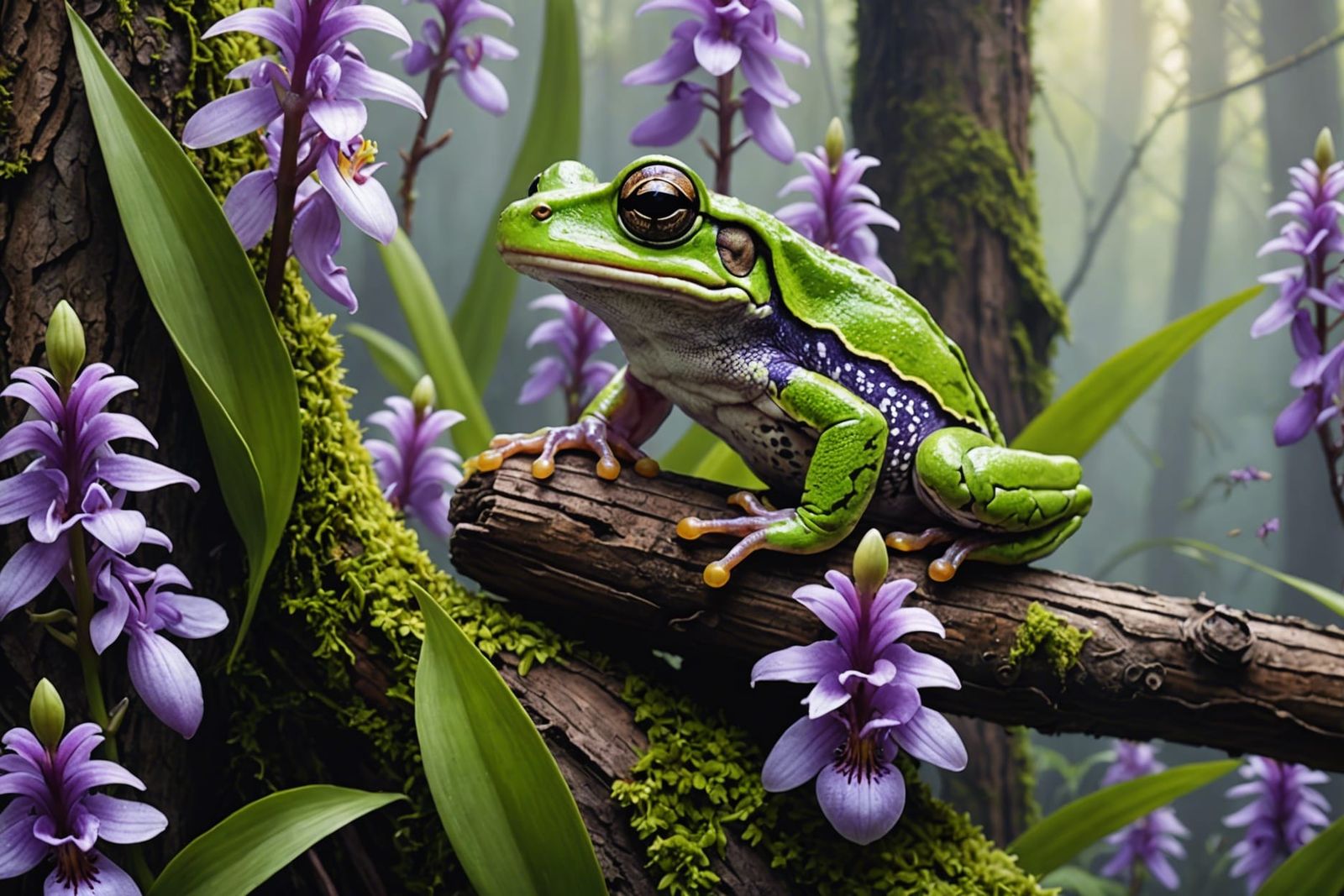 Tree Frog in Rainforest with Orchids, Acrylic Art