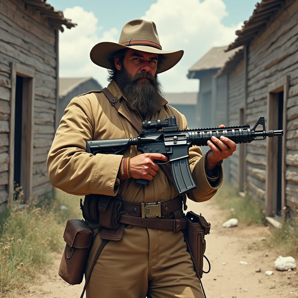Confederate Soldier with Modern Assault Rifle Amidst Civil W...