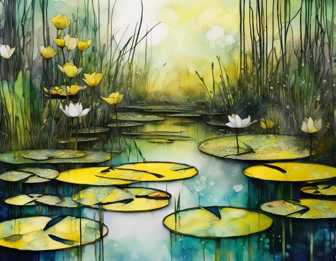 Yellow Pond Lilies in Flowering Marsh, Mixed Media Art