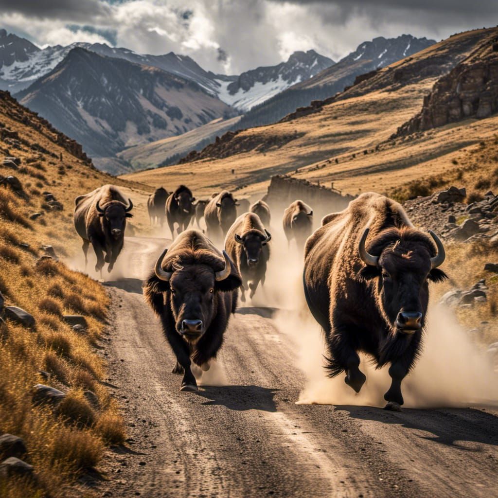 Buffalo Herd: Hyperrealistic Mountain Pass