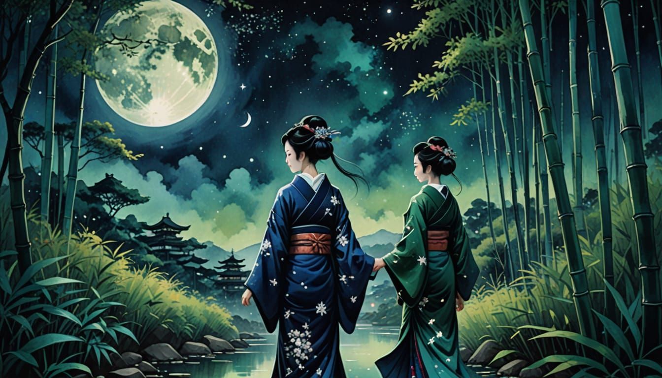 Celestial Geisha in Bamboo Forest: Watercolor Style