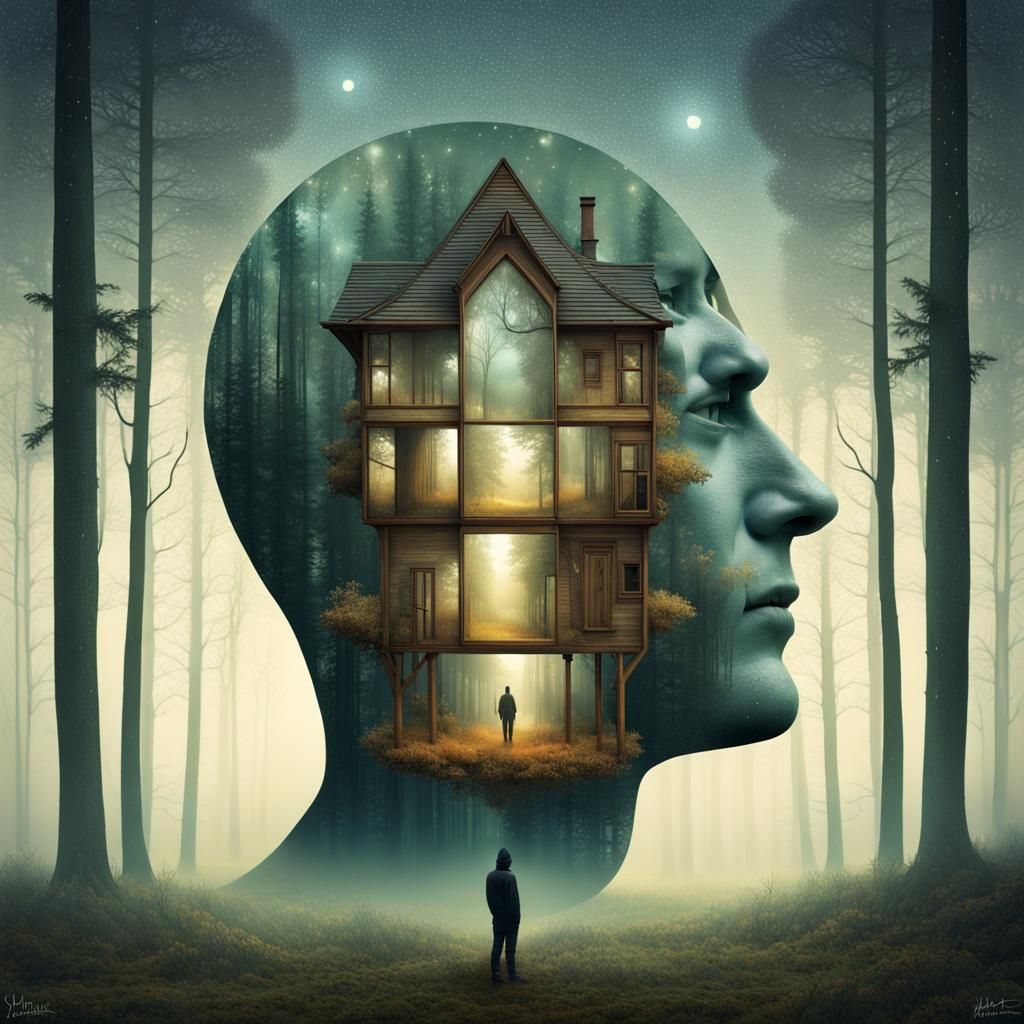 Surreal Double Exposure Face House Digital Art