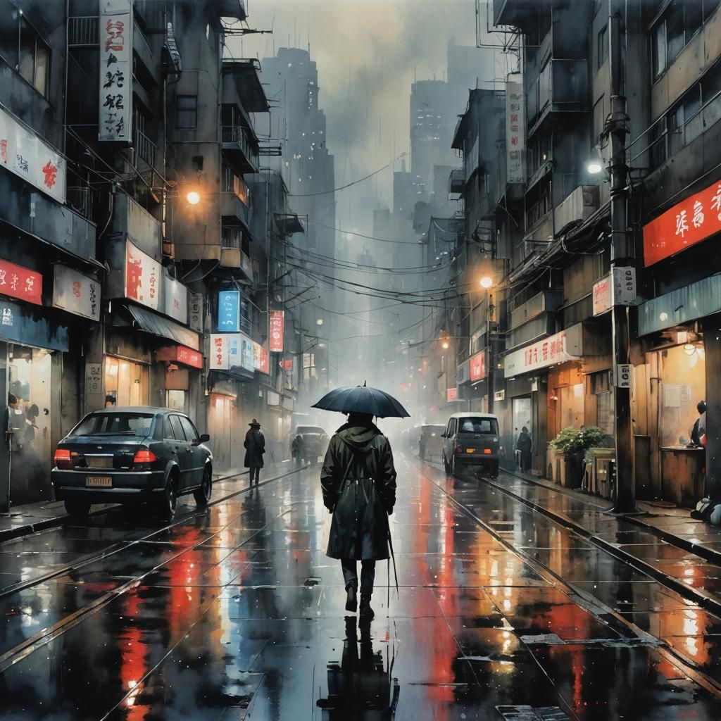 Lonely Figure in Post-Apocalyptic Tokyo Watercolor
