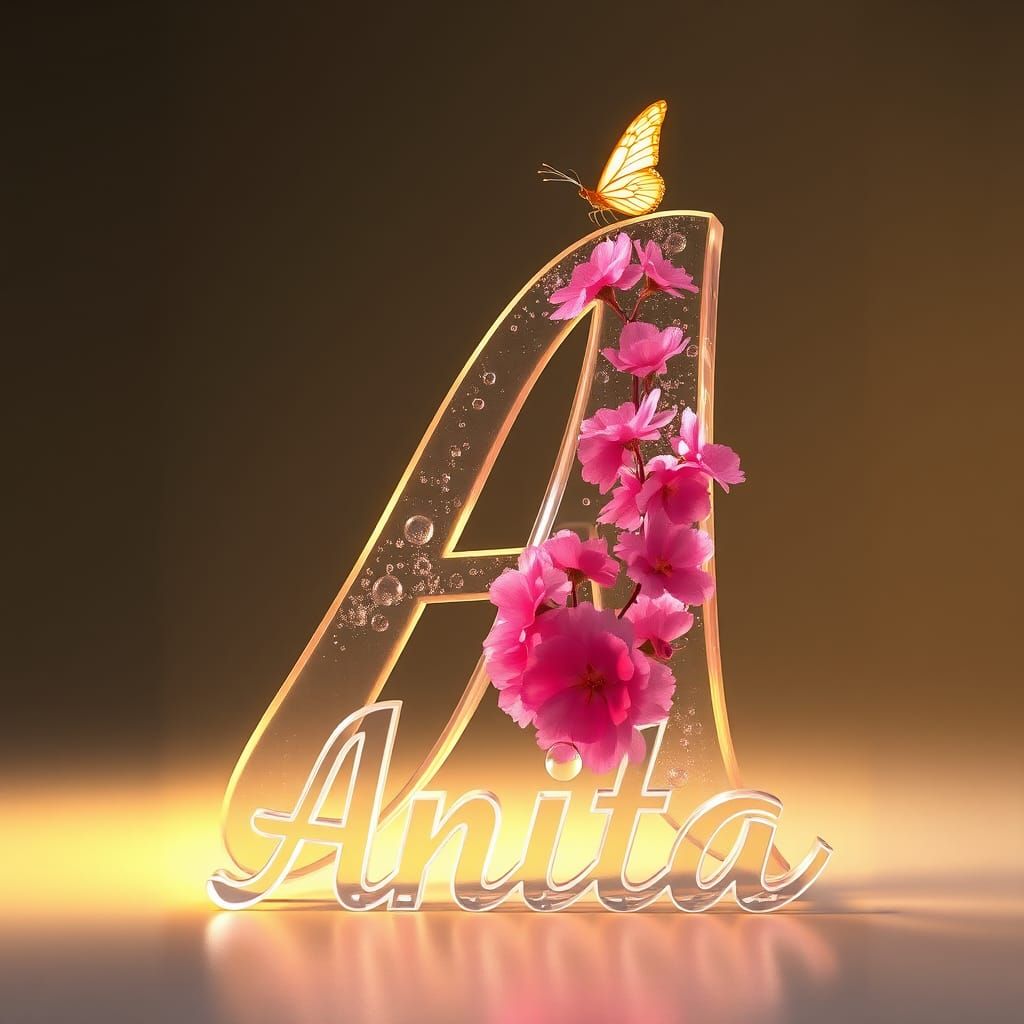 Glass Letter A with Pink Blossoms and Butterfly