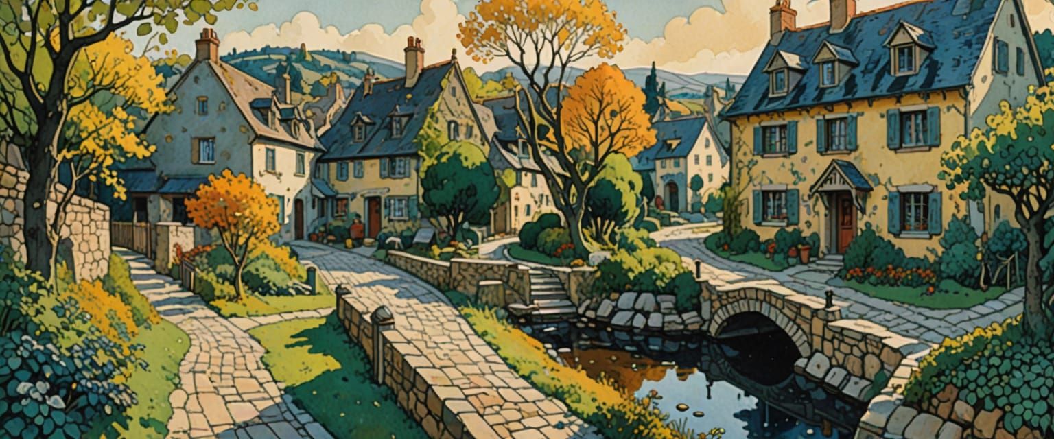 Charming Village in Comic Book Watercolor Style