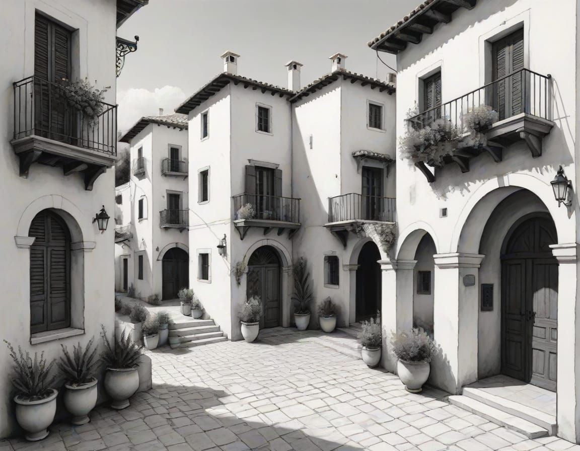 Mediterranean Village Corner in Charcoal Sketch