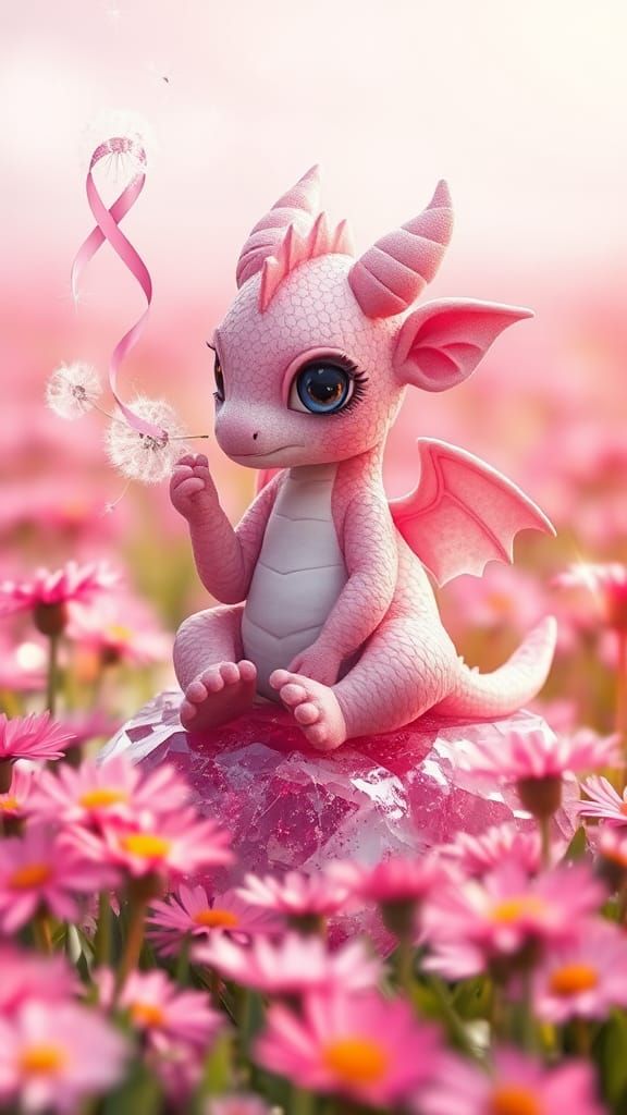 Pink Dragon-Girl Wishes on Dandelion, Fairytale Art