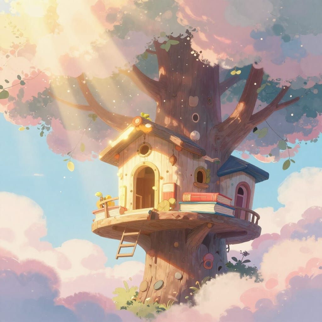 Whimsical Cloud Treehouse with Glowing Books