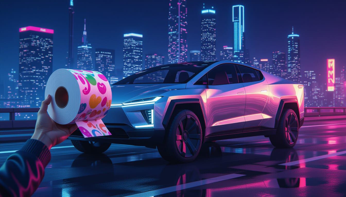 Cybertruck with Toilet Paper in Neon Cityscape
