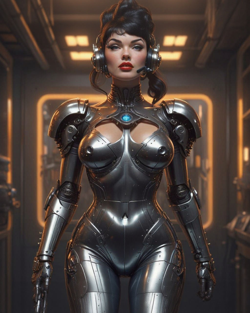 Retro Sci-Fi Android Pinup in Hyperrealistic Style