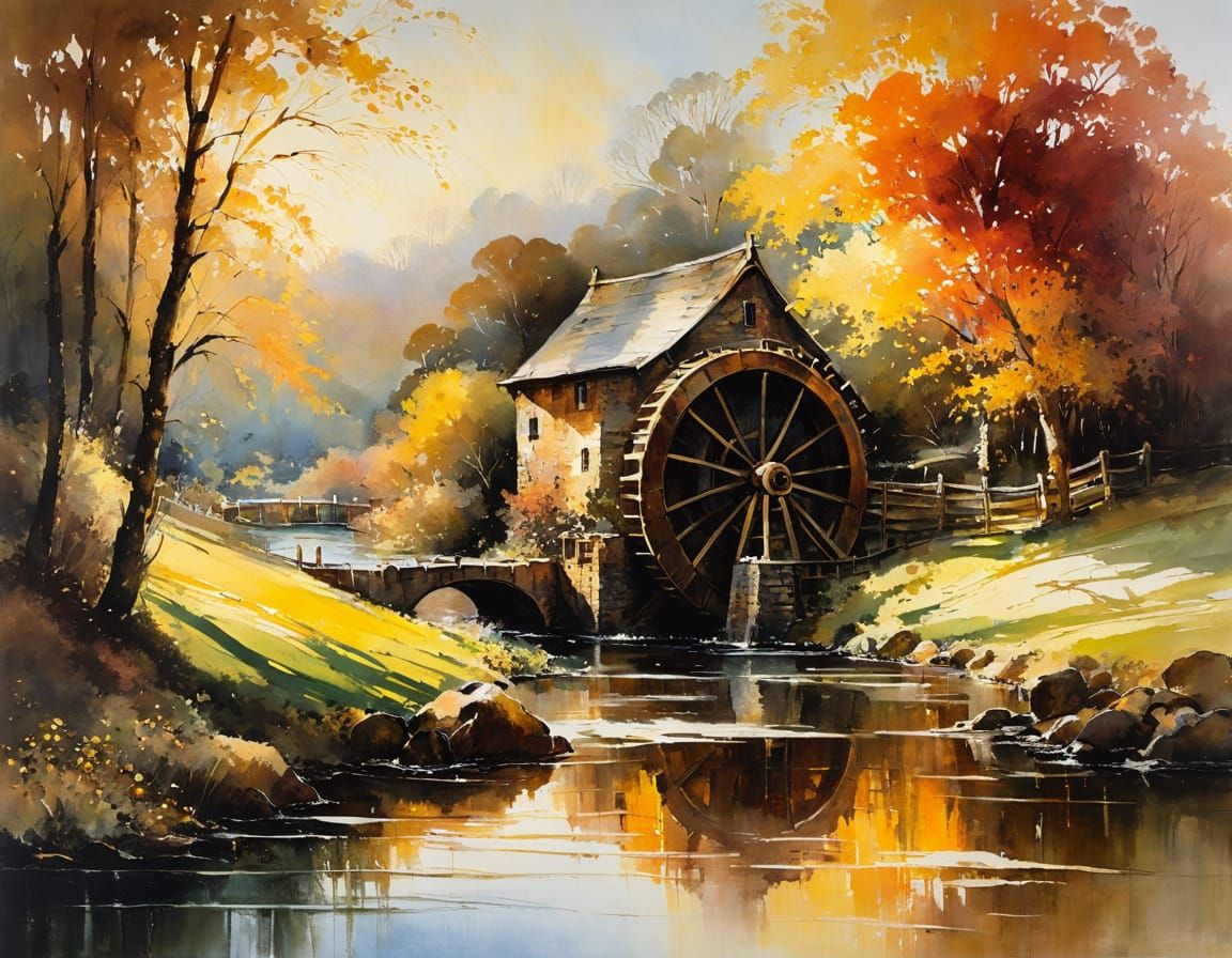 Waterwheel Painting in Impressionist Style