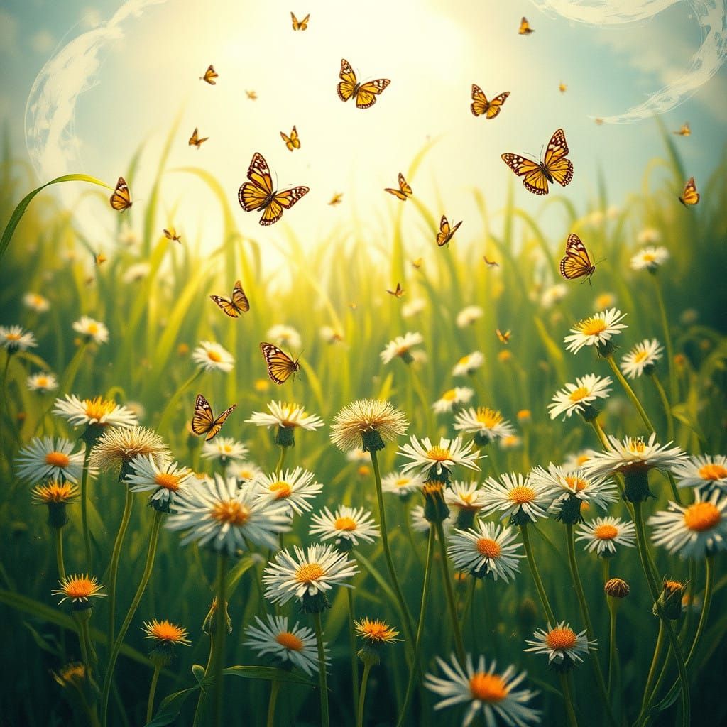 Whimsical Dandelion Field with Iridescent Butterflies in a F...