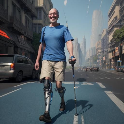 Happy Man with Mechanical Leg Crossing Street