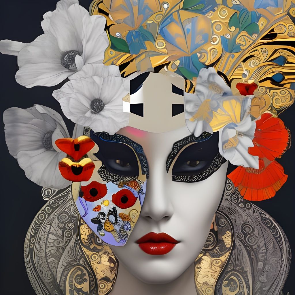 Venetian Mask with Poppies in Expressionist Style