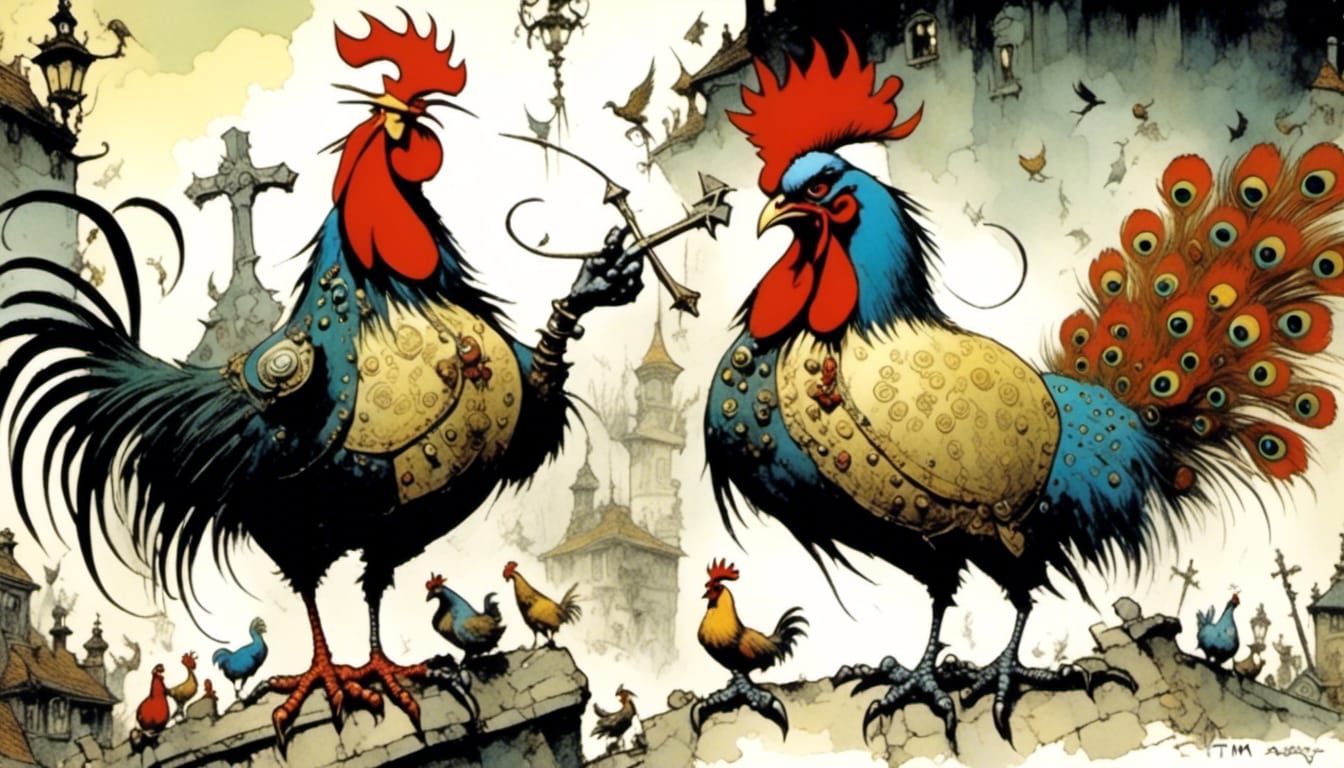 Roosters in Funny Combat, Tim Burton-esque